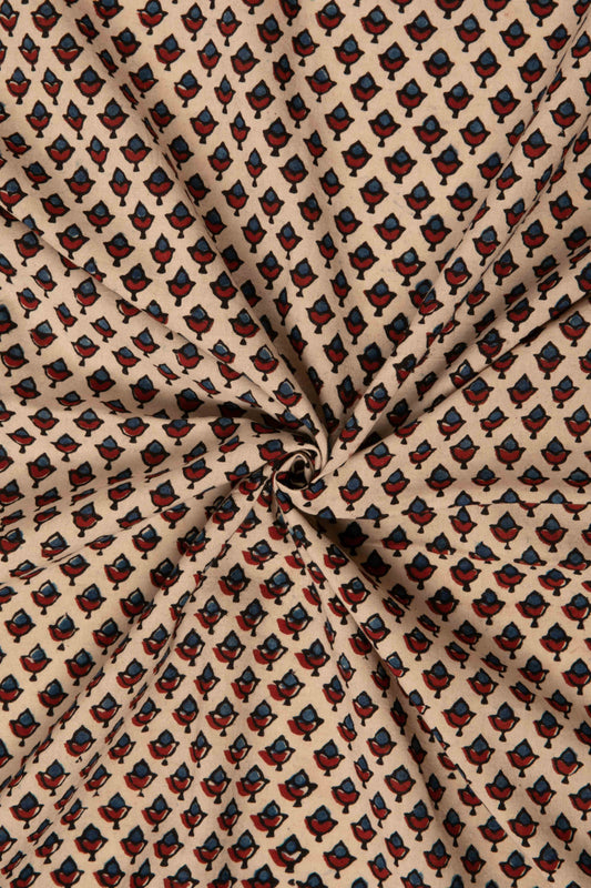 Ushraa - Beige Ajrakh Fabric with Floral Motif