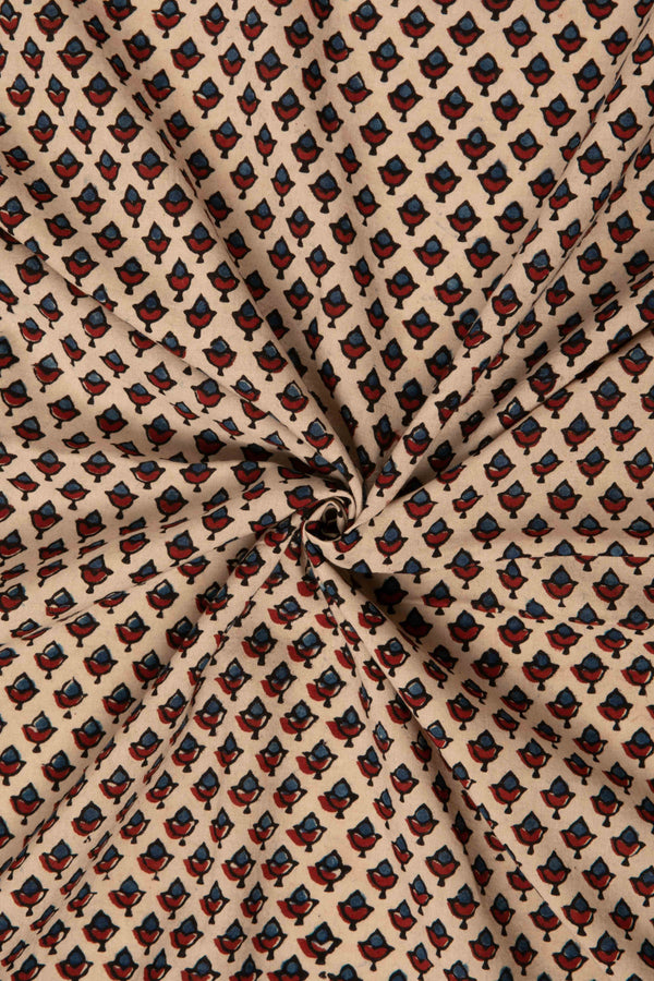 Ushraa - Beige Ajrakh Fabric with Floral Motif-Rutambhara-RUTAMBHARA