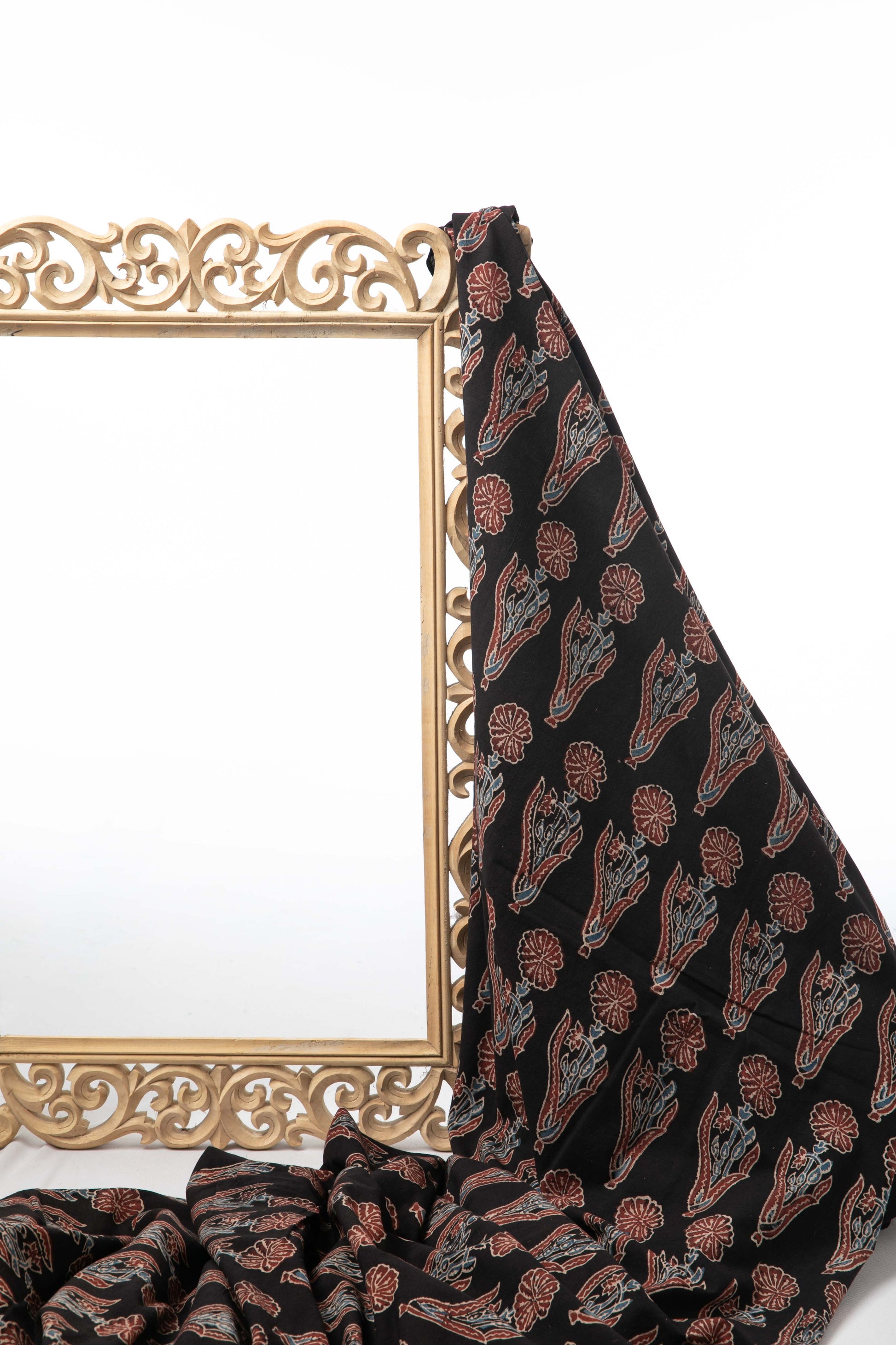 Ushraa - Black & Rusted Floral Ajrak Fabric-Rutambhara-RUTAMBHARA