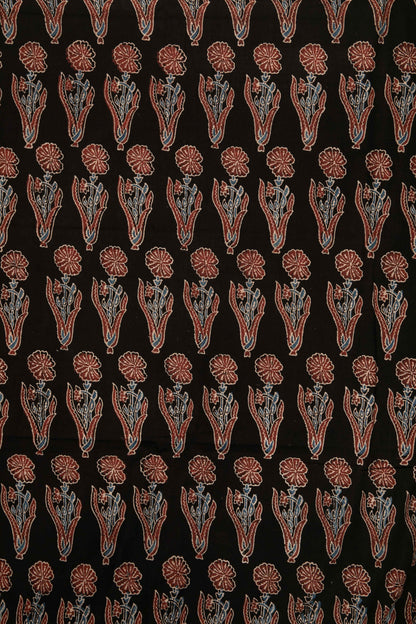 Ushraa - Black & Rusted Floral Ajrak Fabric-Rutambhara-RUTAMBHARA