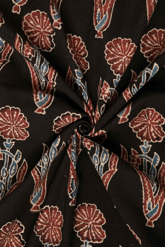 Ushraa - Black & Rusted Floral Ajrak Fabric