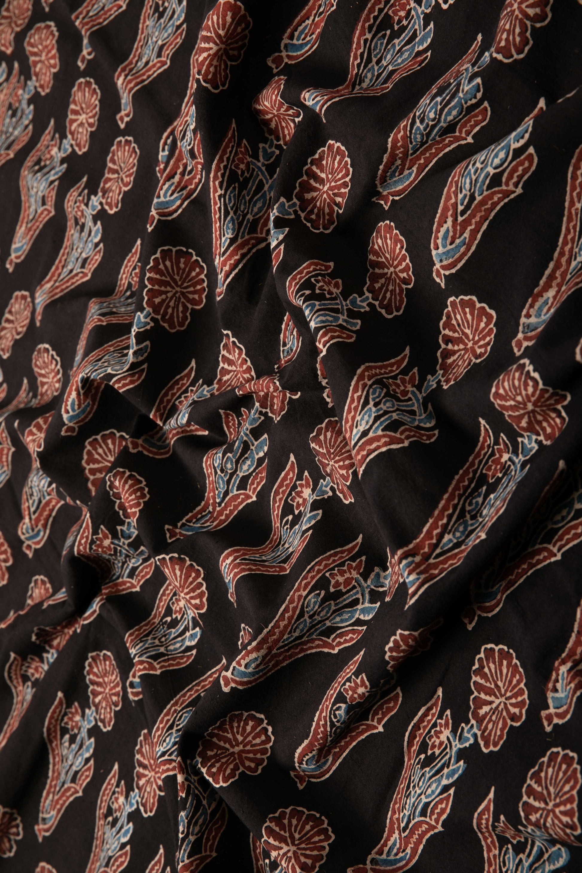 Ushraa - Black & Rusted Floral Ajrak Fabric-Rutambhara-RUTAMBHARA