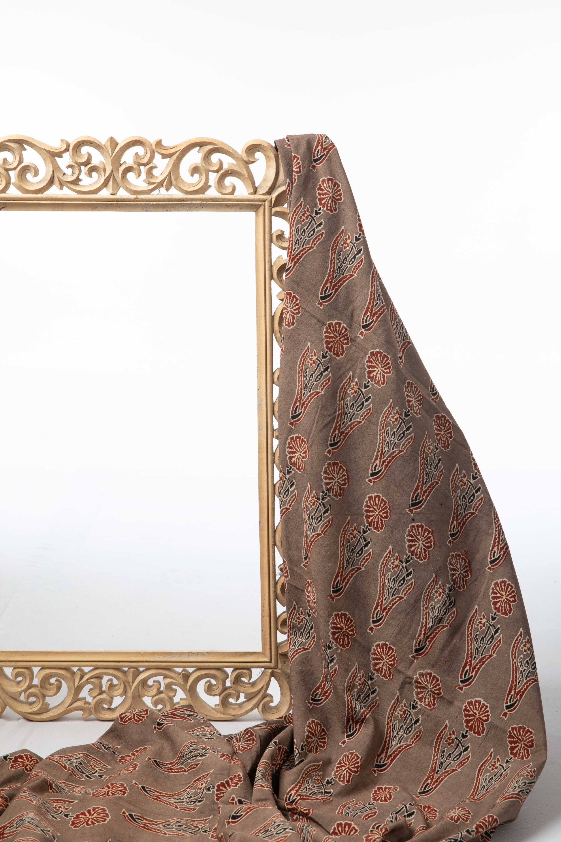 Ushraa - Taupe & Rusted Floral Ajrak Fabric-Rutambhara-RUTAMBHARA