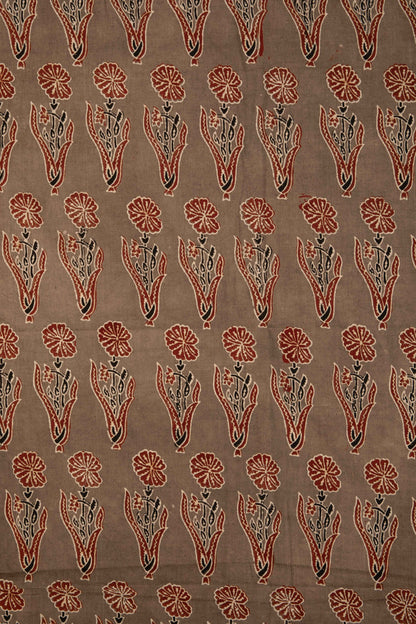 Ushraa - Taupe & Rusted Floral Ajrak Fabric-Rutambhara-RUTAMBHARA