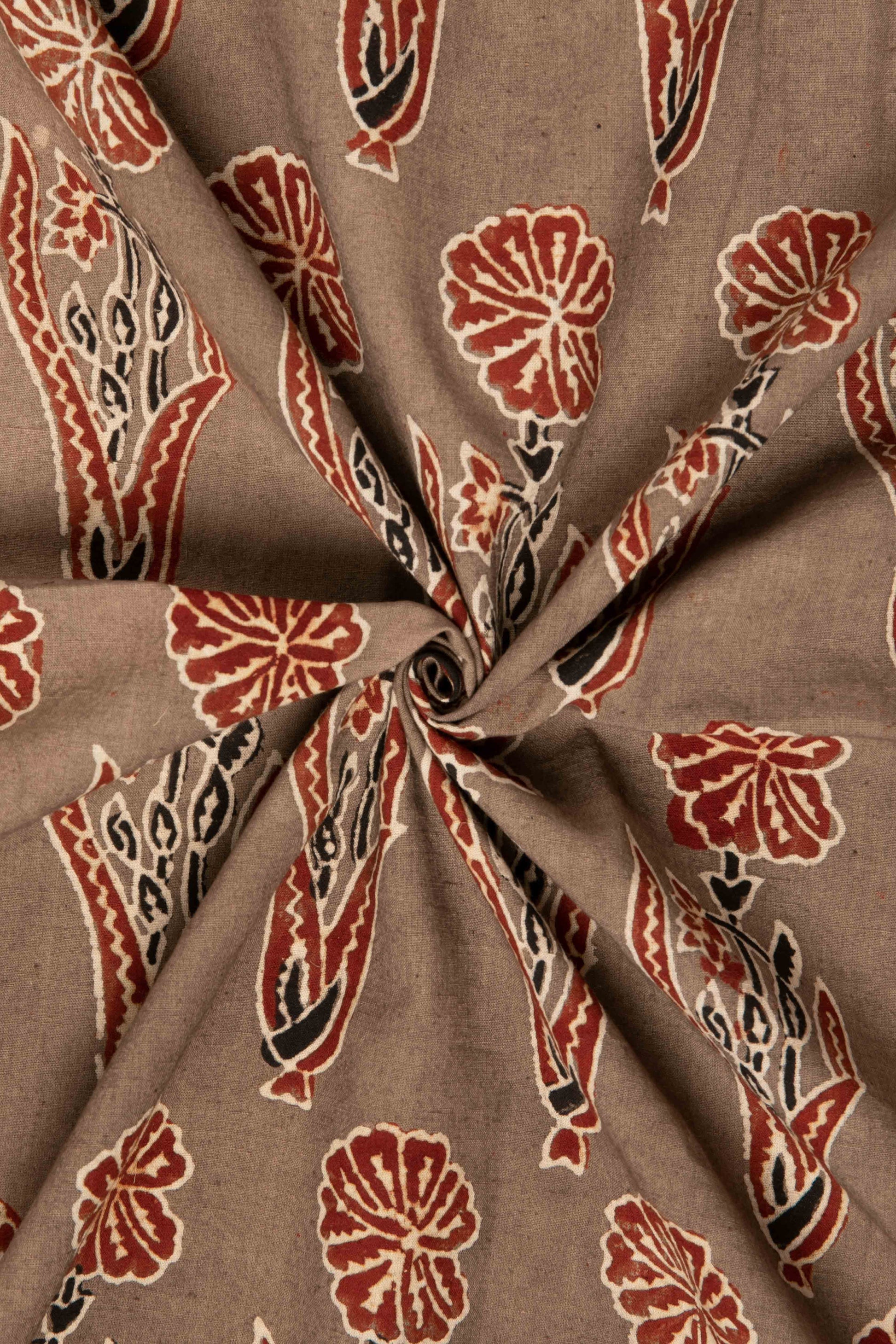 Ushraa - Taupe & Rusted Floral Ajrak Fabric-Rutambhara-RUTAMBHARA
