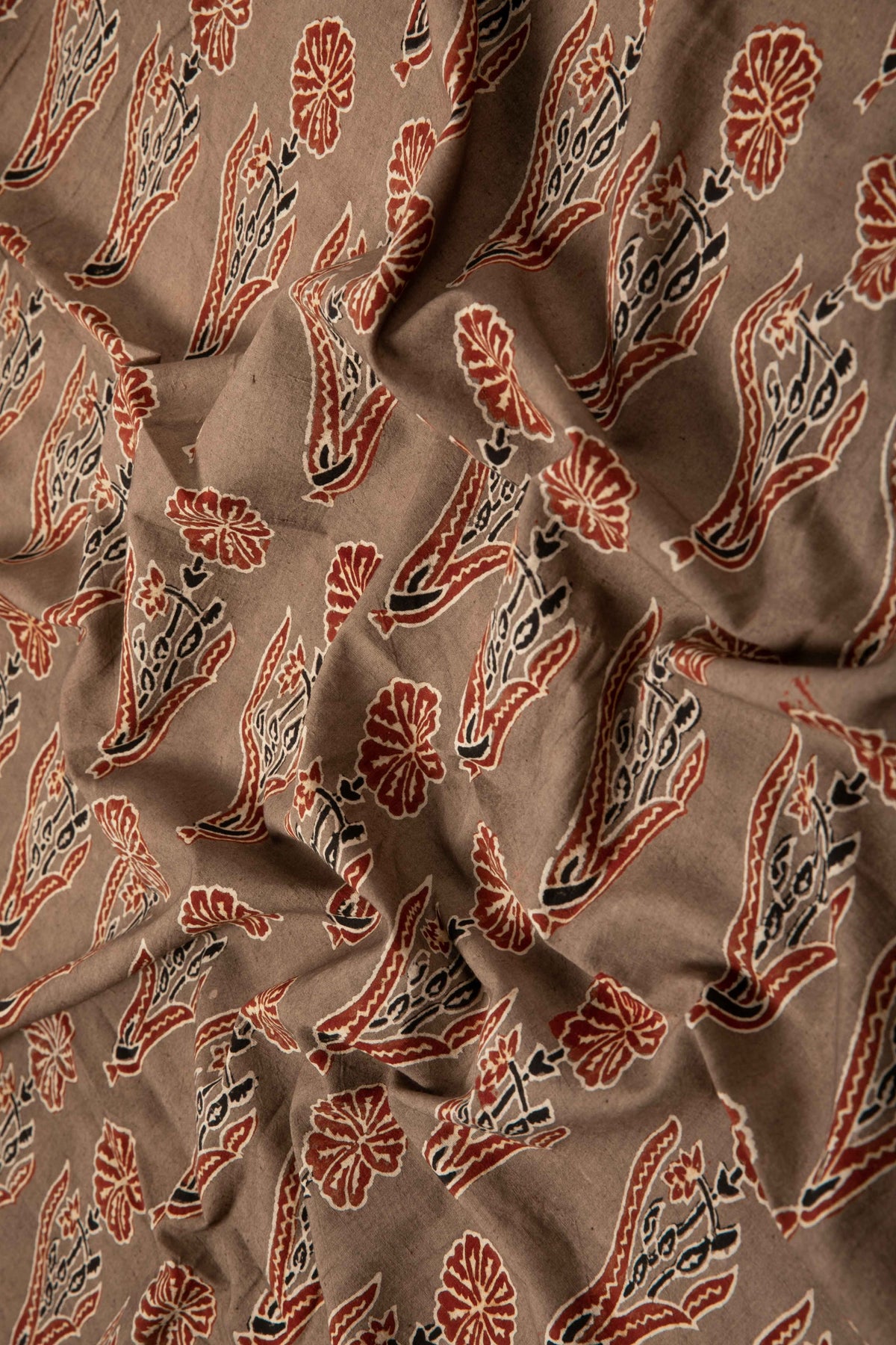 Ushraa - Taupe & Rusted Floral Ajrak Fabric