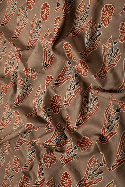 Ushraa - Taupe & Rusted Floral Ajrak Fabric-Rutambhara-RUTAMBHARA