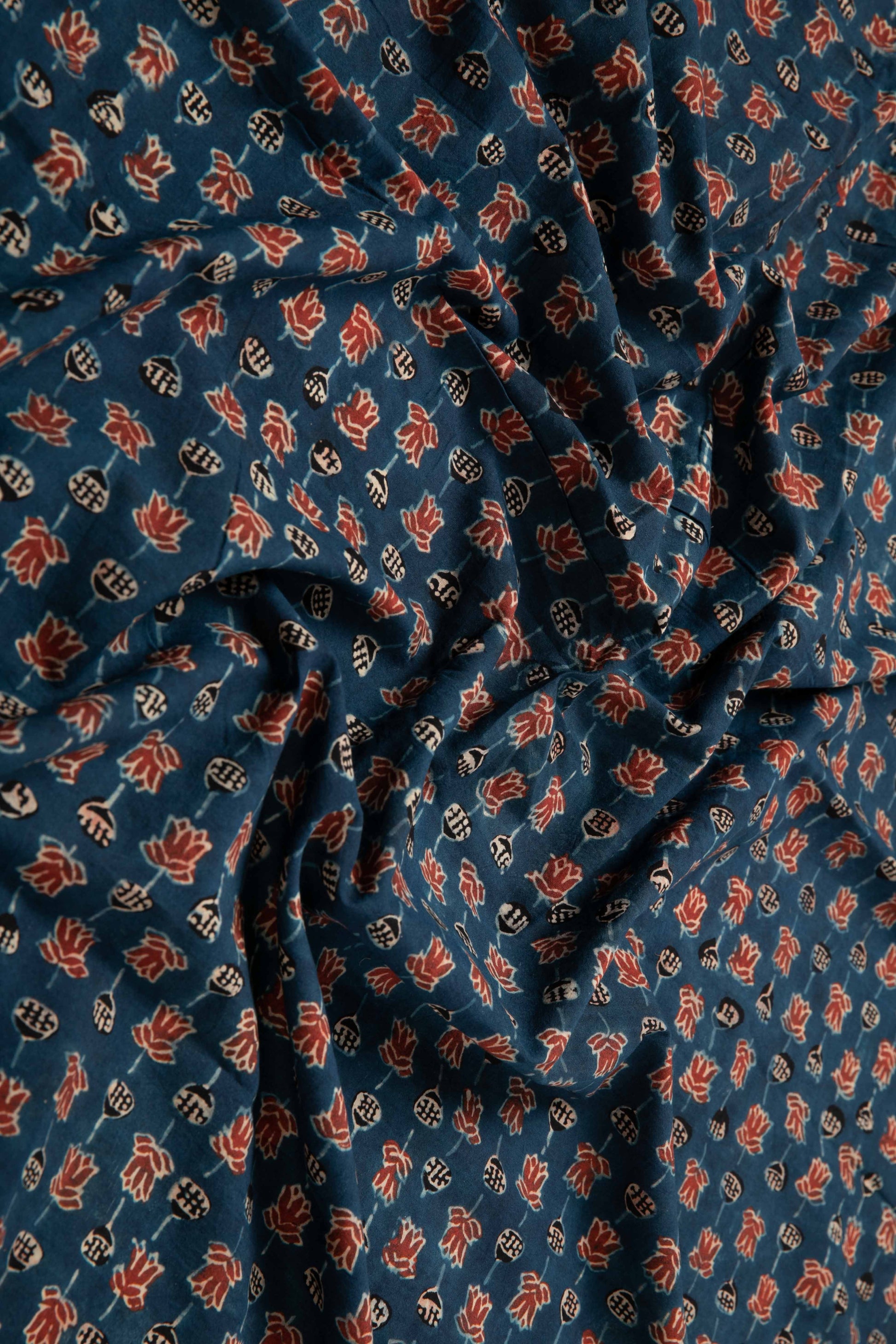 Ushraa - Lotus Charm Ajrakh Cotton Fabric-RUTAMBHARA ENTERPRISES -RUTAMBHARA