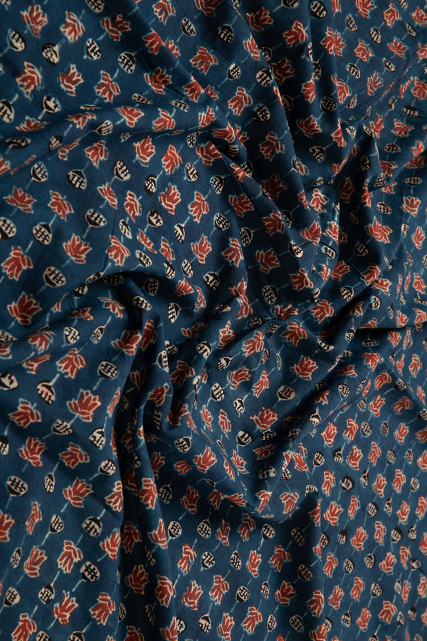 Ushraa - Lotus Charm Ajrakh Cotton Fabric-RUTAMBHARA ENTERPRISES -RUTAMBHARA
