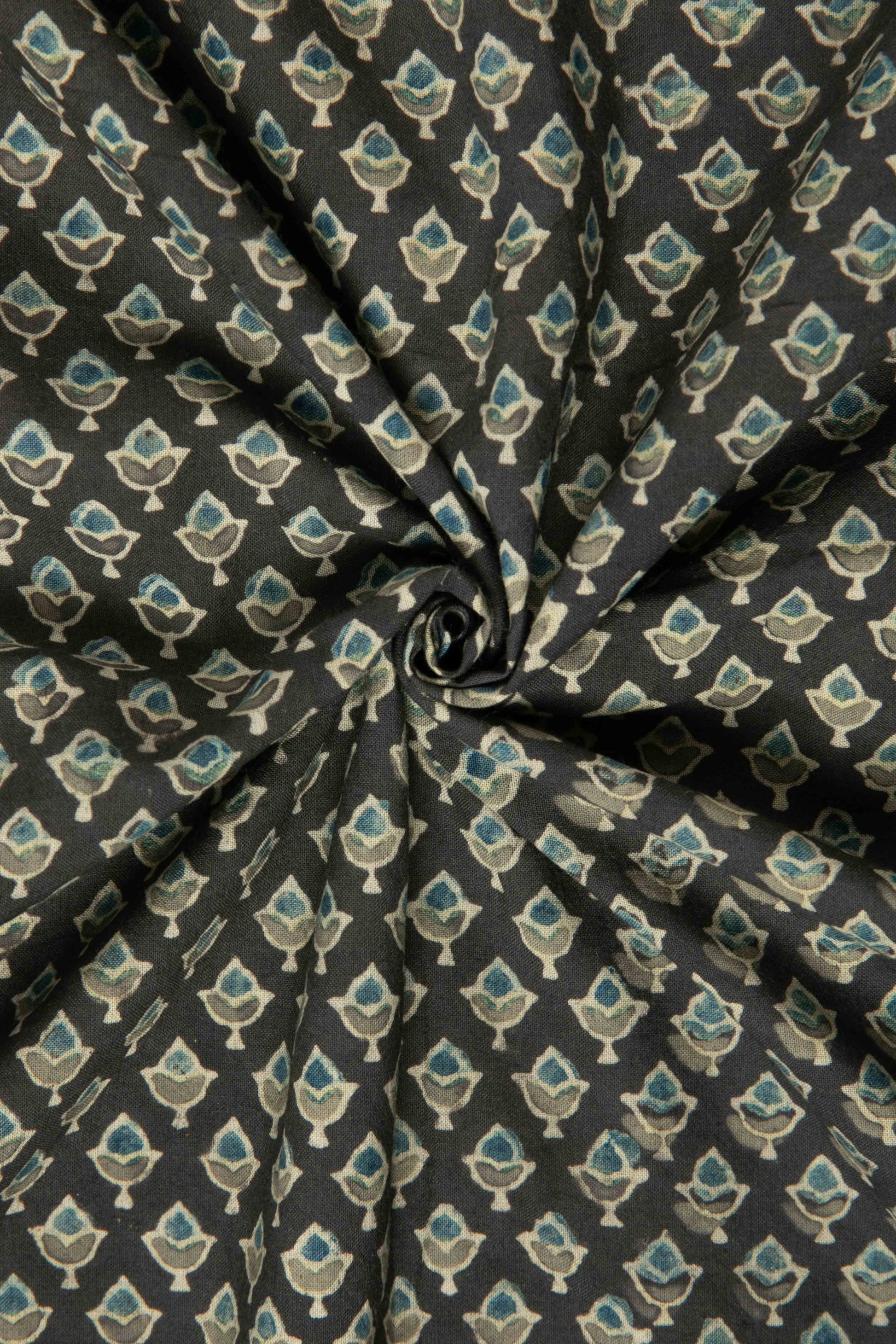 Ushraa - Midnight Bloom – Ajrakh Hand Block Print Cotton Fabric-Rutambhara-RUTAMBHARA