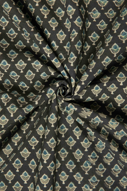 Ushraa - Midnight Bloom – Ajrakh Hand Block Print Cotton Fabric-Rutambhara-RUTAMBHARA