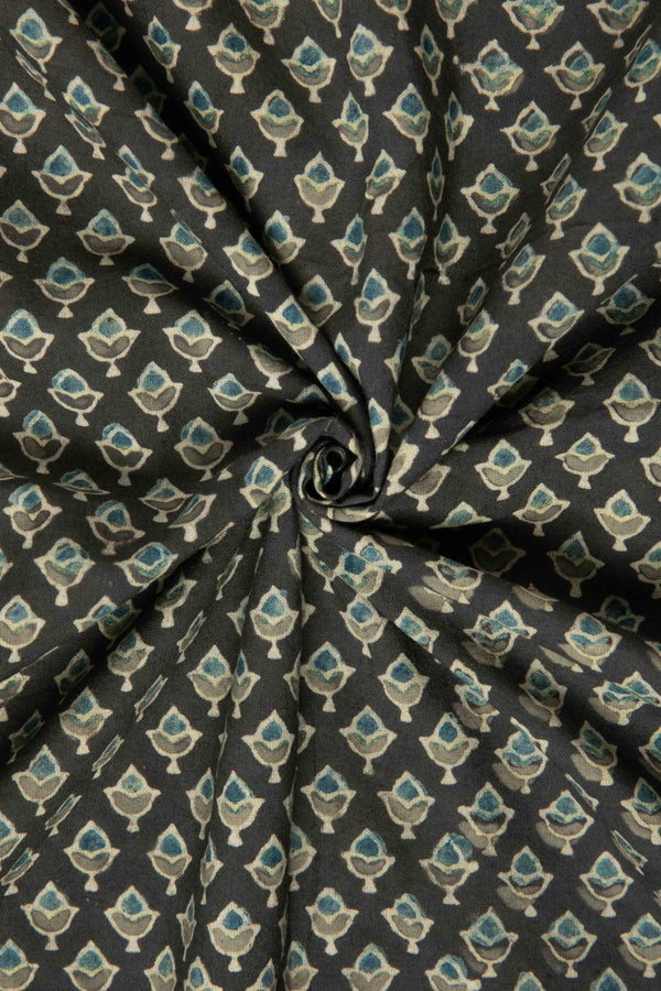 Ushraa - Midnight Bloom – Ajrakh Hand Block Print Cotton Fabric-Rutambhara-RUTAMBHARA