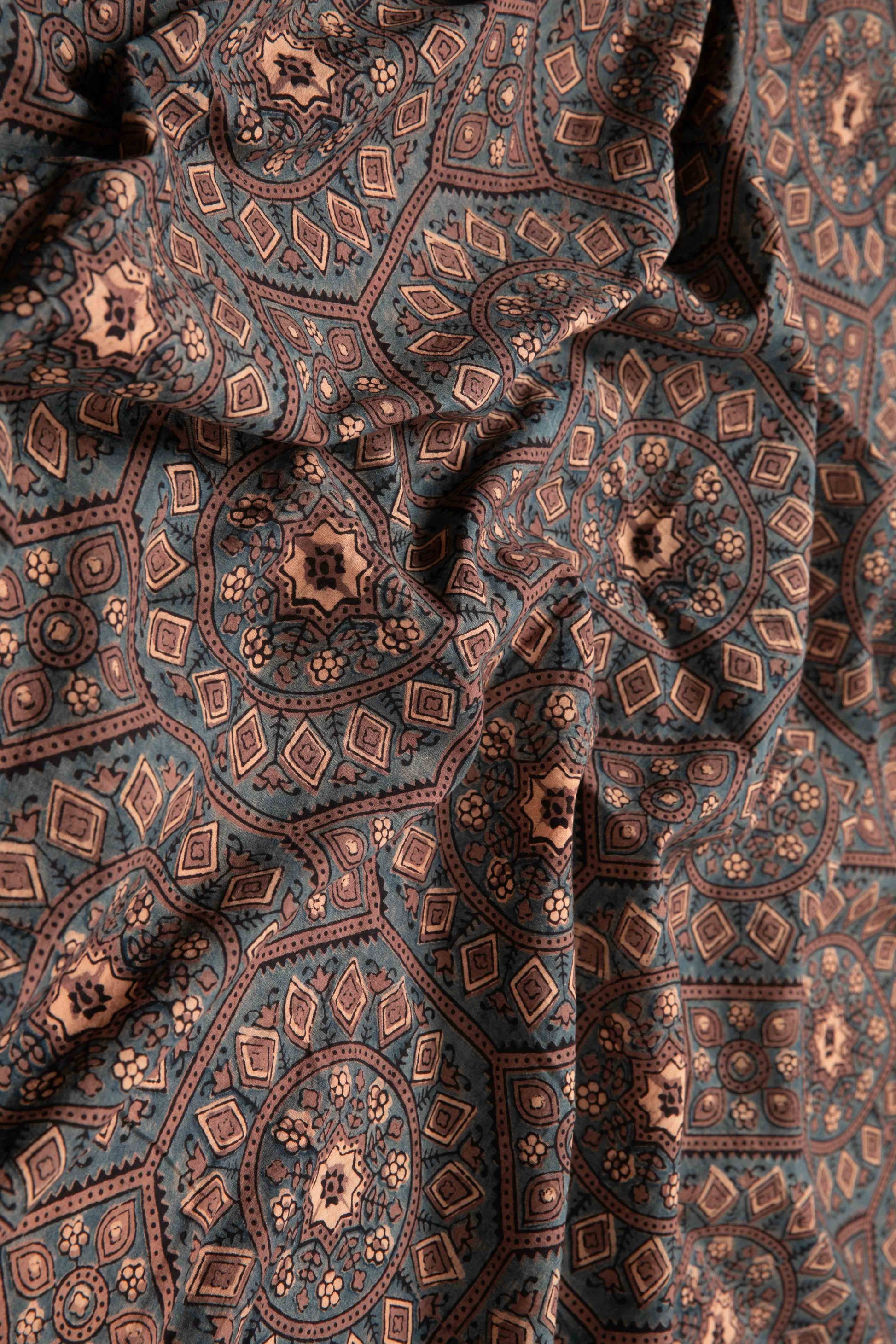Ushraa - Ajrakh Cotton Fabric With Mandala Print-Rutambhara-RUTAMBHARA