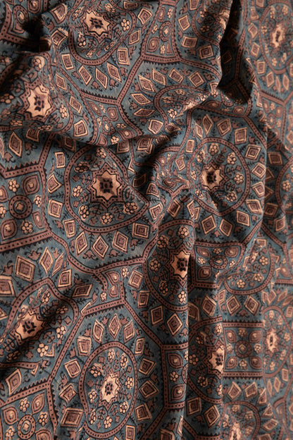 Ushraa - Ajrakh Cotton Fabric With Mandala Print-Rutambhara-RUTAMBHARA