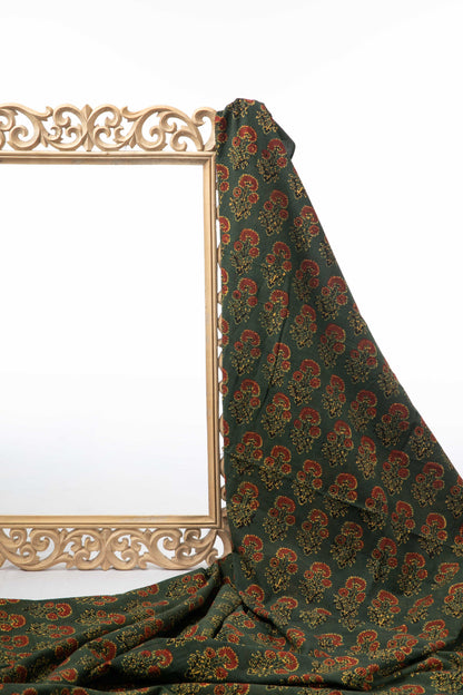 Ushraa - Moss And Marigold Motif Ajrakh Cotton Fabric-Rutambhara-RUTAMBHARA