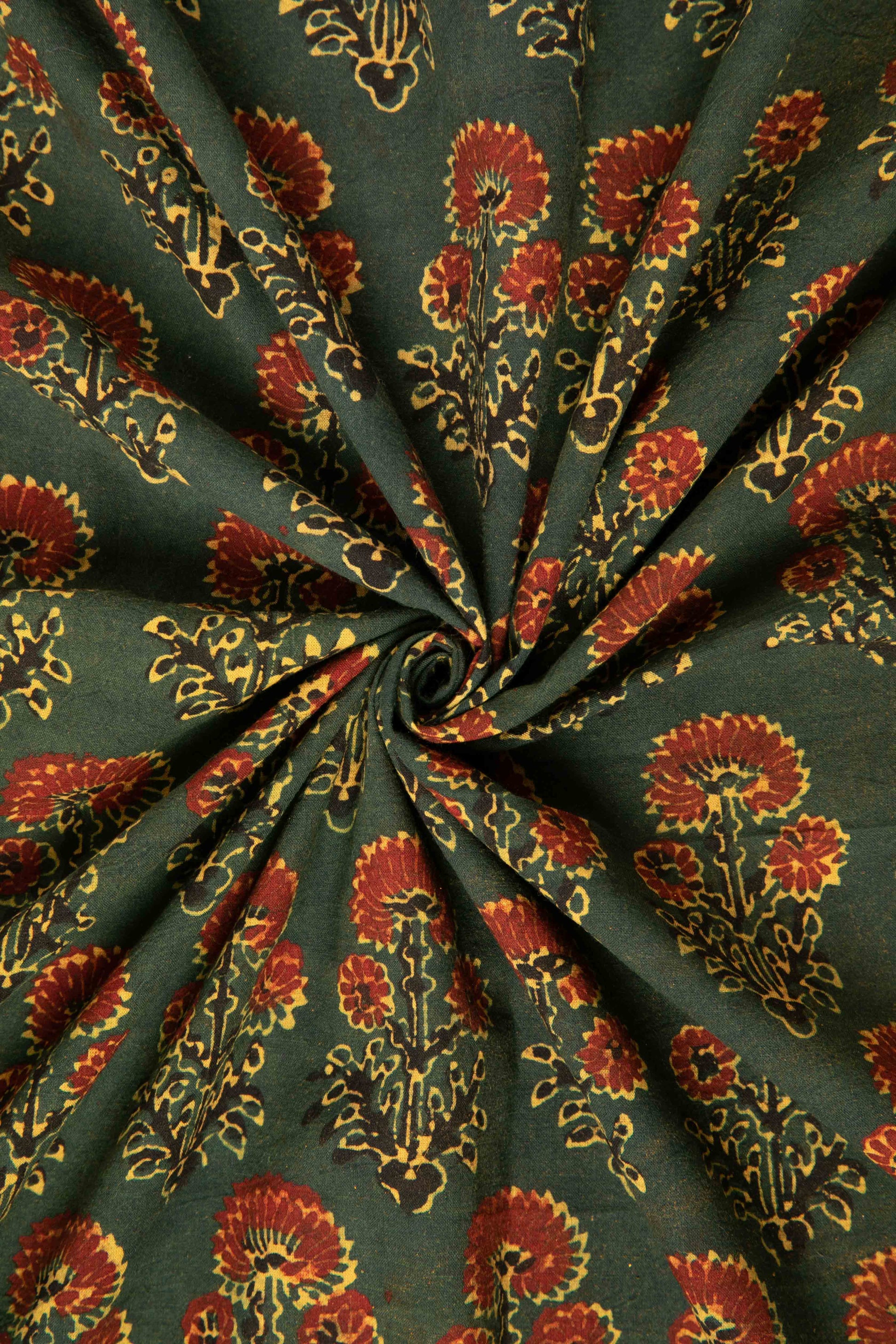 Ushraa - Moss And Marigold Motif Ajrakh Cotton Fabric-Rutambhara-RUTAMBHARA