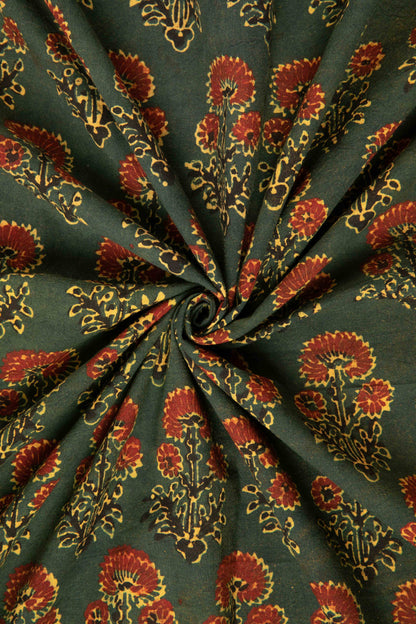 Ushraa - Moss And Marigold Motif Ajrakh Cotton Fabric-Rutambhara-RUTAMBHARA