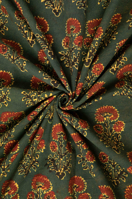 Ushraa - Moss And Marigold Motif Ajrakh Cotton Fabric