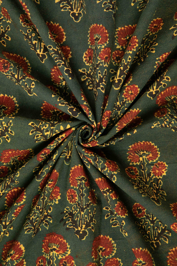 Ushraa - Moss And Marigold Motif Ajrakh Cotton Fabric-Rutambhara-RUTAMBHARA
