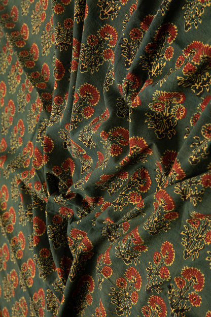 Ushraa - Moss And Marigold Motif Ajrakh Cotton Fabric-Rutambhara-RUTAMBHARA
