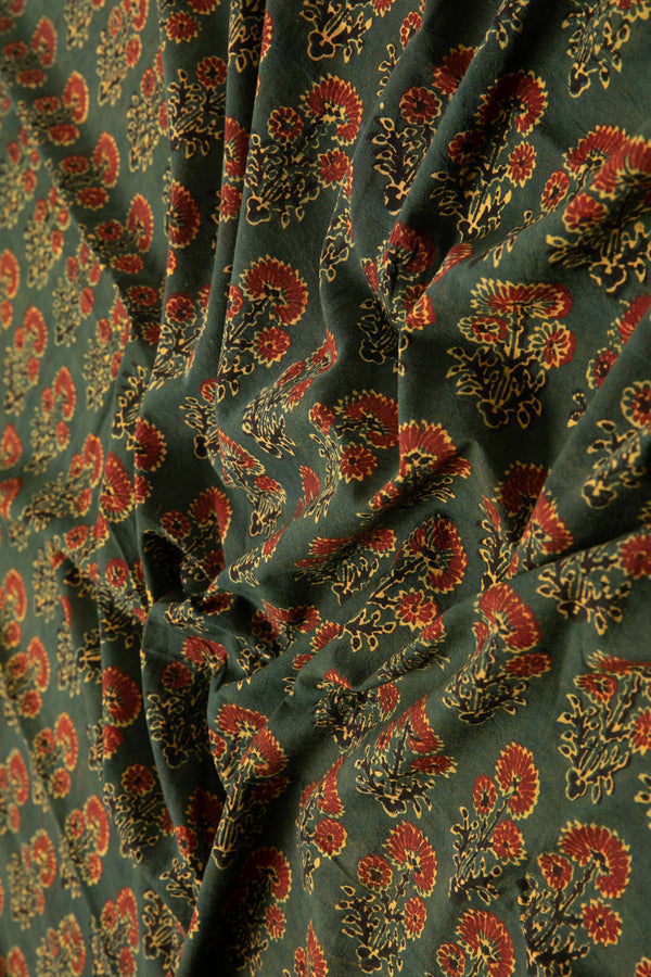 Ushraa - Moss And Marigold Motif Ajrakh Cotton Fabric-Rutambhara-RUTAMBHARA