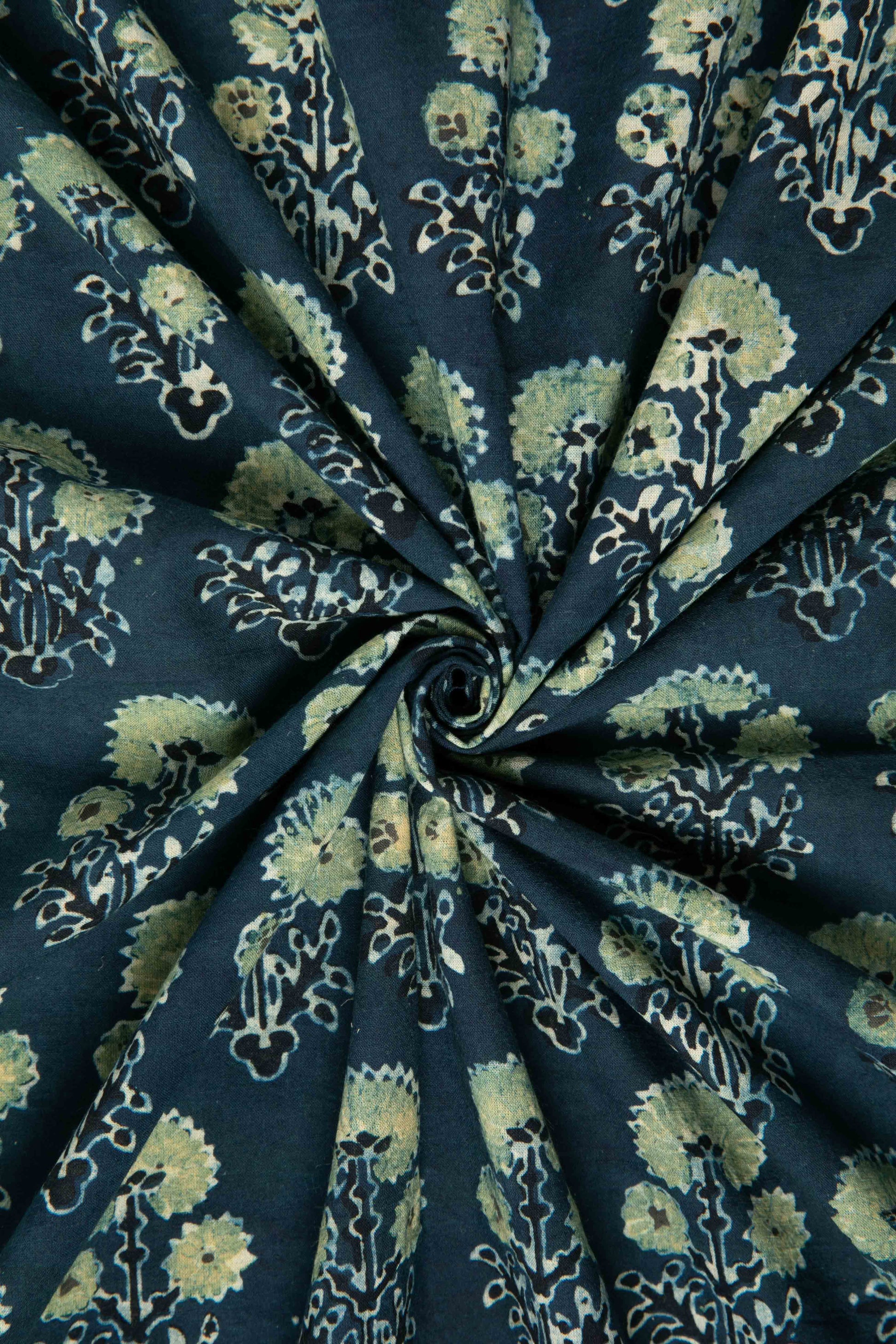 Ushraa - Classic Indigo Ajrakh Hand Block Print Cotton Fabric-Rutambhara-RUTAMBHARA