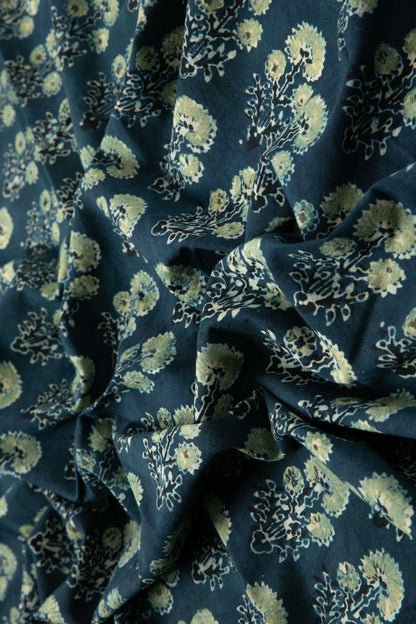Ushraa - Classic Indigo Ajrakh Hand Block Print Cotton Fabric-Rutambhara-RUTAMBHARA