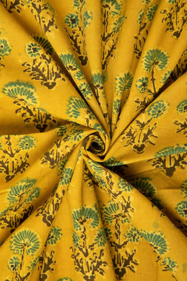 Siyahi - Teal Floral Motif Ajrakh Cotton Fabric-Rutambhara-RUTAMBHARA