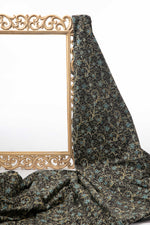 Ushraa - Black Ajrakh Fabric With Blue Floral Design-Rutambhara-RUTAMBHARA