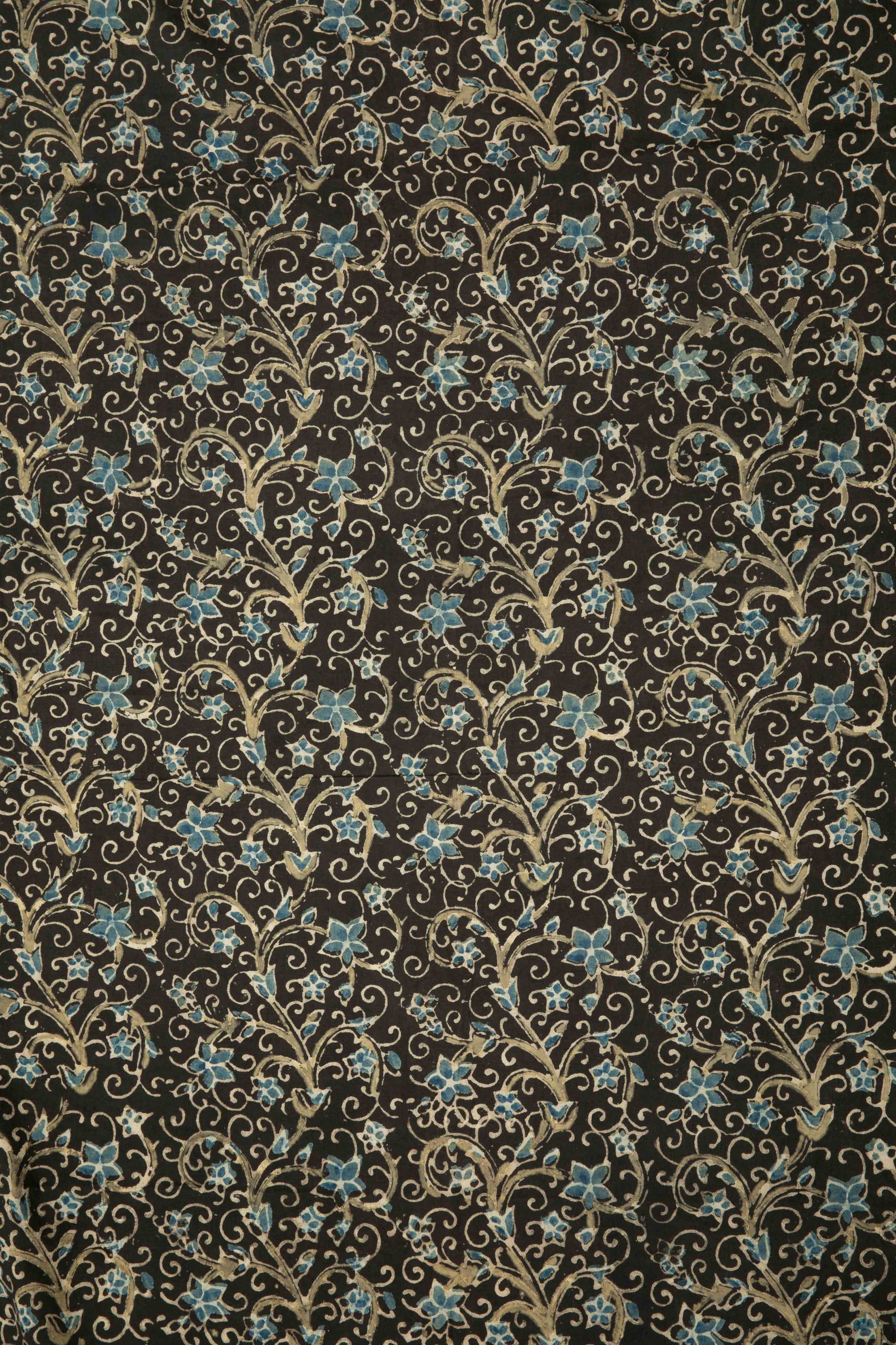 Ushraa - Black Ajrakh Fabric With Blue Floral Design-Rutambhara-RUTAMBHARA