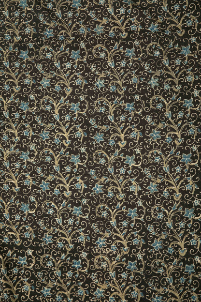 Ushraa - Black Ajrakh Fabric With Blue Floral Design-Rutambhara-RUTAMBHARA