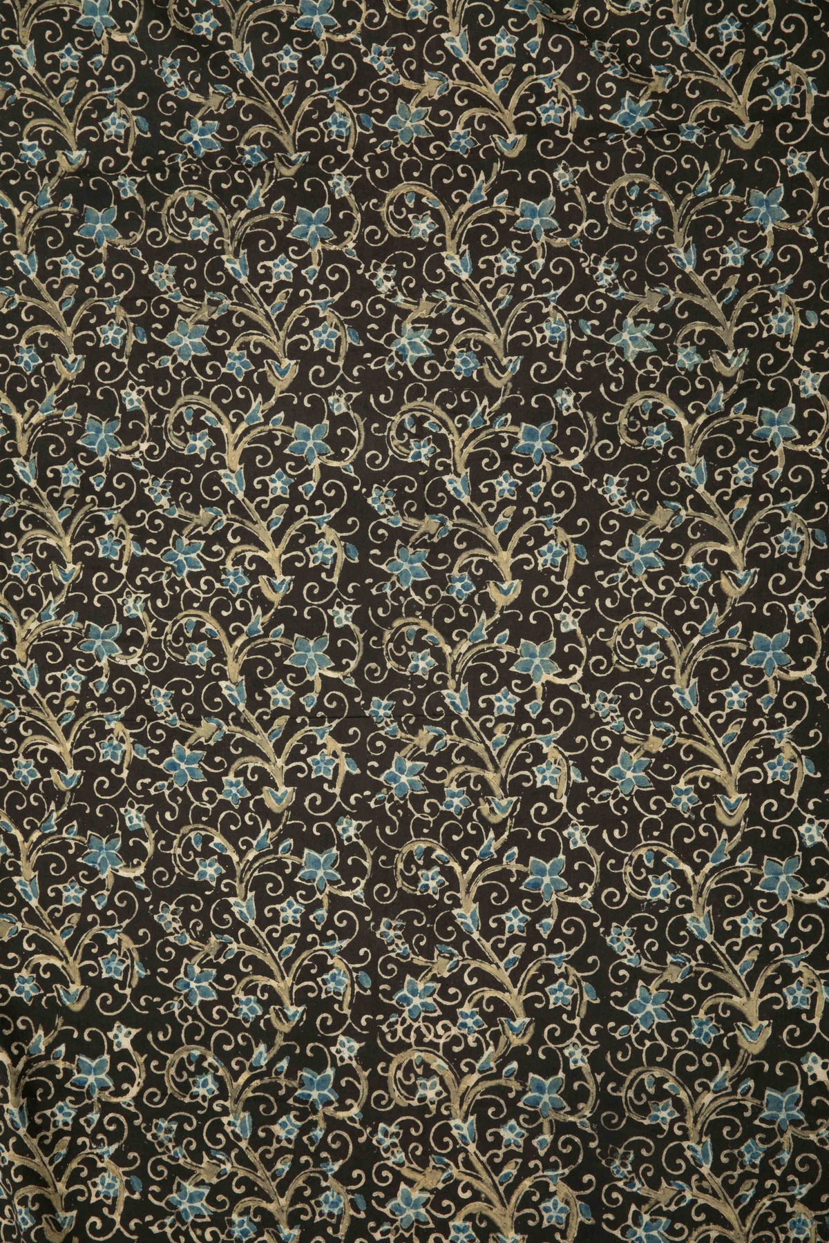 Ushraa - Black Ajrakh Fabric With Blue Floral Design
