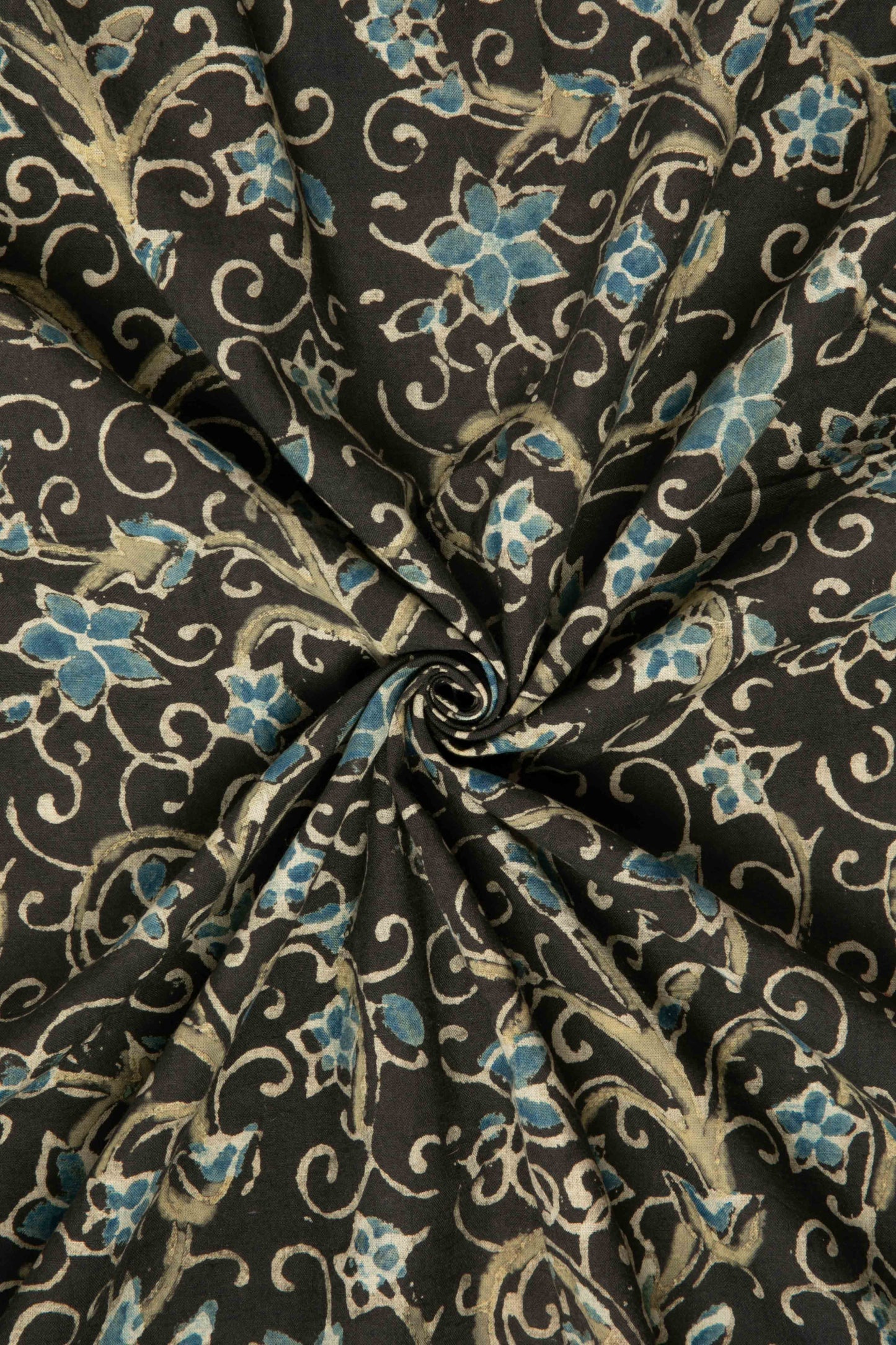 Ushraa - Black Ajrakh Fabric With Blue Floral Design