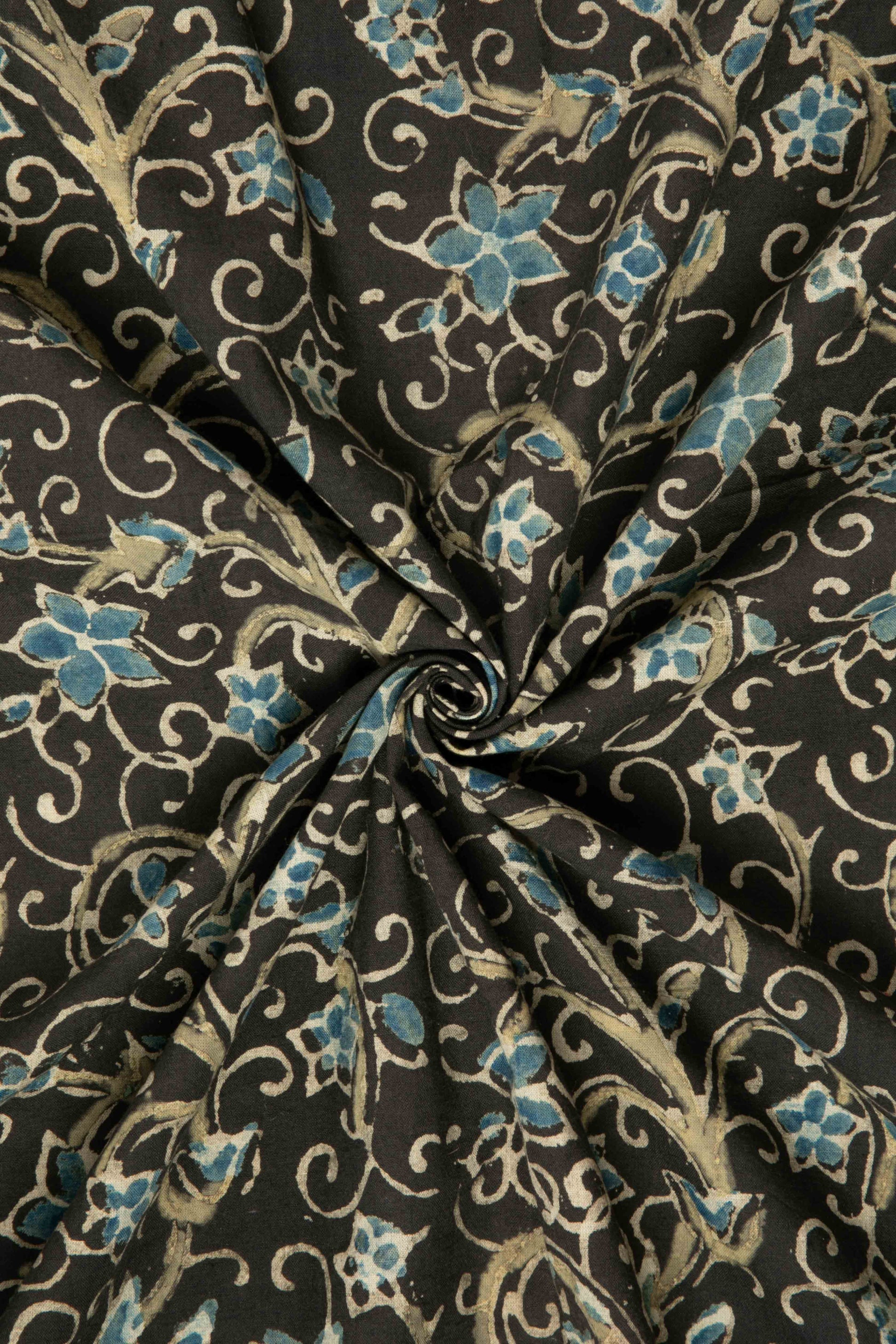 Ushraa - Black Ajrakh Fabric With Blue Floral Design-Rutambhara-RUTAMBHARA
