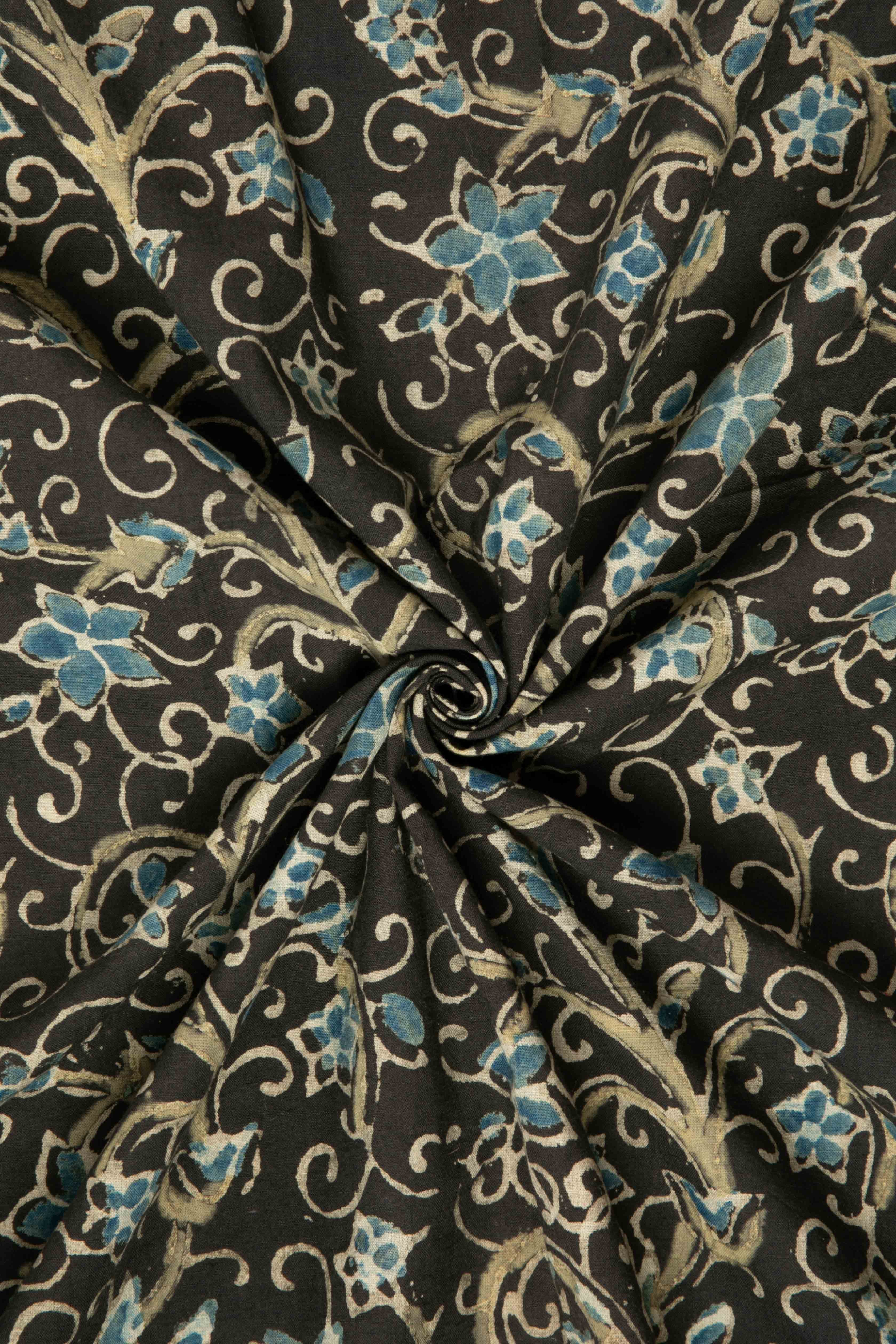 SIYAHI - BLACK AJRAKH FABRIC WITH BLUE FLORAL DESIGN