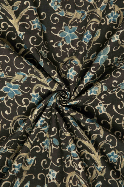 Ushraa - Black Ajrakh Fabric With Blue Floral Design-Rutambhara-RUTAMBHARA