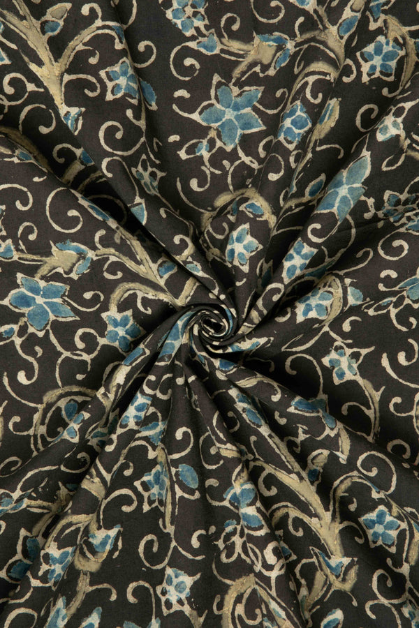 Ushraa - Black Ajrakh Fabric With Blue Floral Design-Rutambhara-RUTAMBHARA