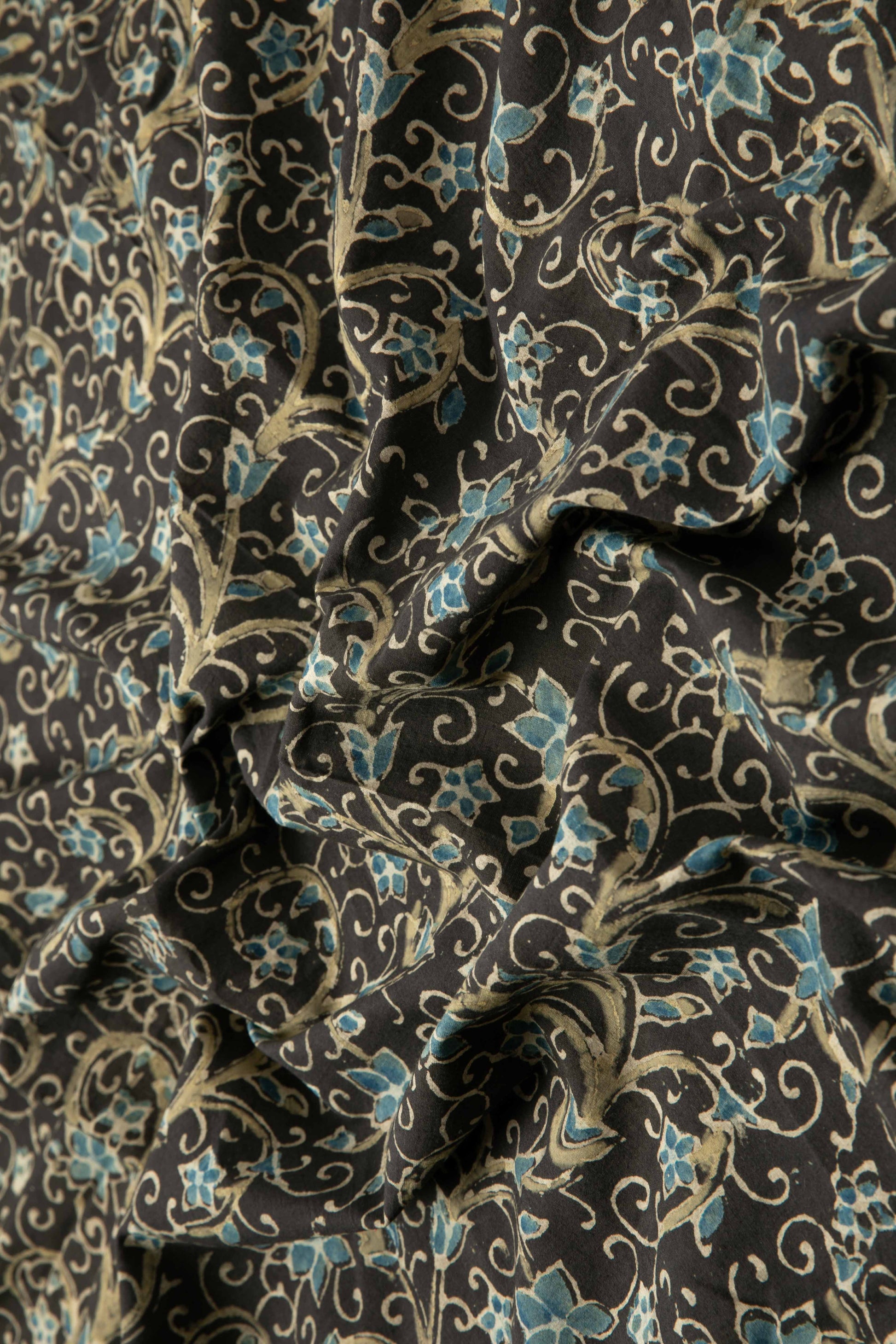 Ushraa - Black Ajrakh Fabric With Blue Floral Design-Rutambhara-RUTAMBHARA
