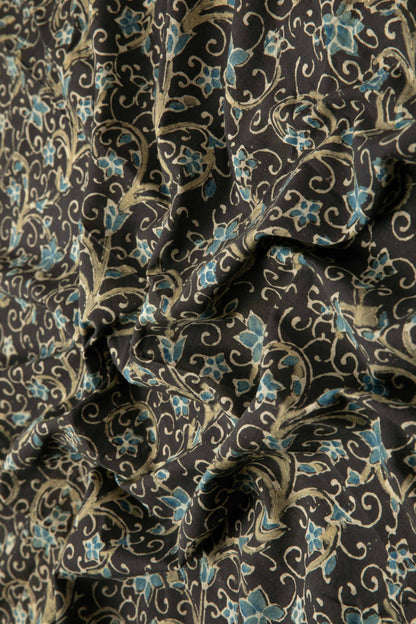 Ushraa - Black Ajrakh Fabric With Blue Floral Design-Rutambhara-RUTAMBHARA