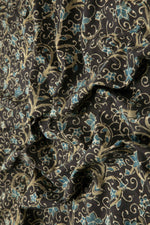 Ushraa - Black Ajrakh Fabric With Blue Floral Design-Rutambhara-RUTAMBHARA