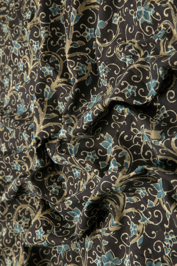 Ushraa - Black Ajrakh Fabric With Blue Floral Design-Rutambhara-RUTAMBHARA