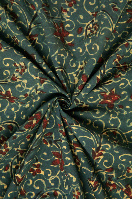 Ushraa - Elegant Red Blossom Motif Ajrakh Cotton Fabric