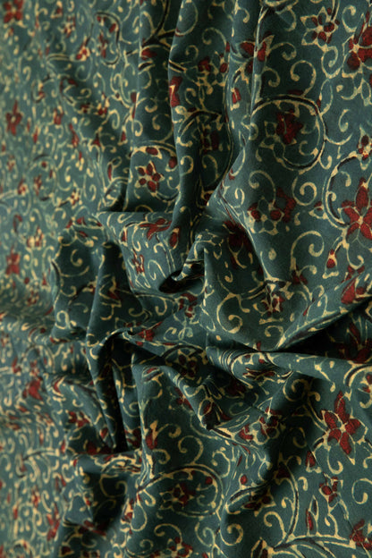 Ushraa - Elegant Red Blossom Motif Ajrakh Cotton Fabric-Rutambhara-RUTAMBHARA