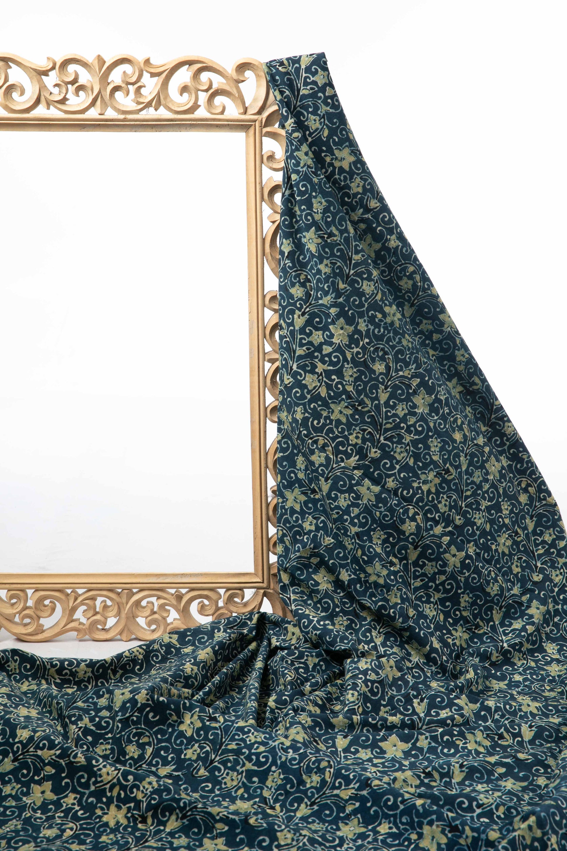 Siyahi - Indigo Ajrakh Fabric With Yellow Floral Design-Rutambhara-RUTAMBHARA