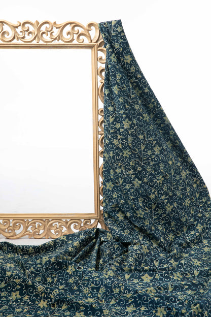 Siyahi - Indigo Ajrakh Fabric With Yellow Floral Design-Rutambhara-RUTAMBHARA