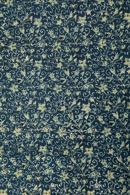 Siyahi - Indigo Ajrakh Fabric With Yellow Floral Design-Rutambhara-RUTAMBHARA