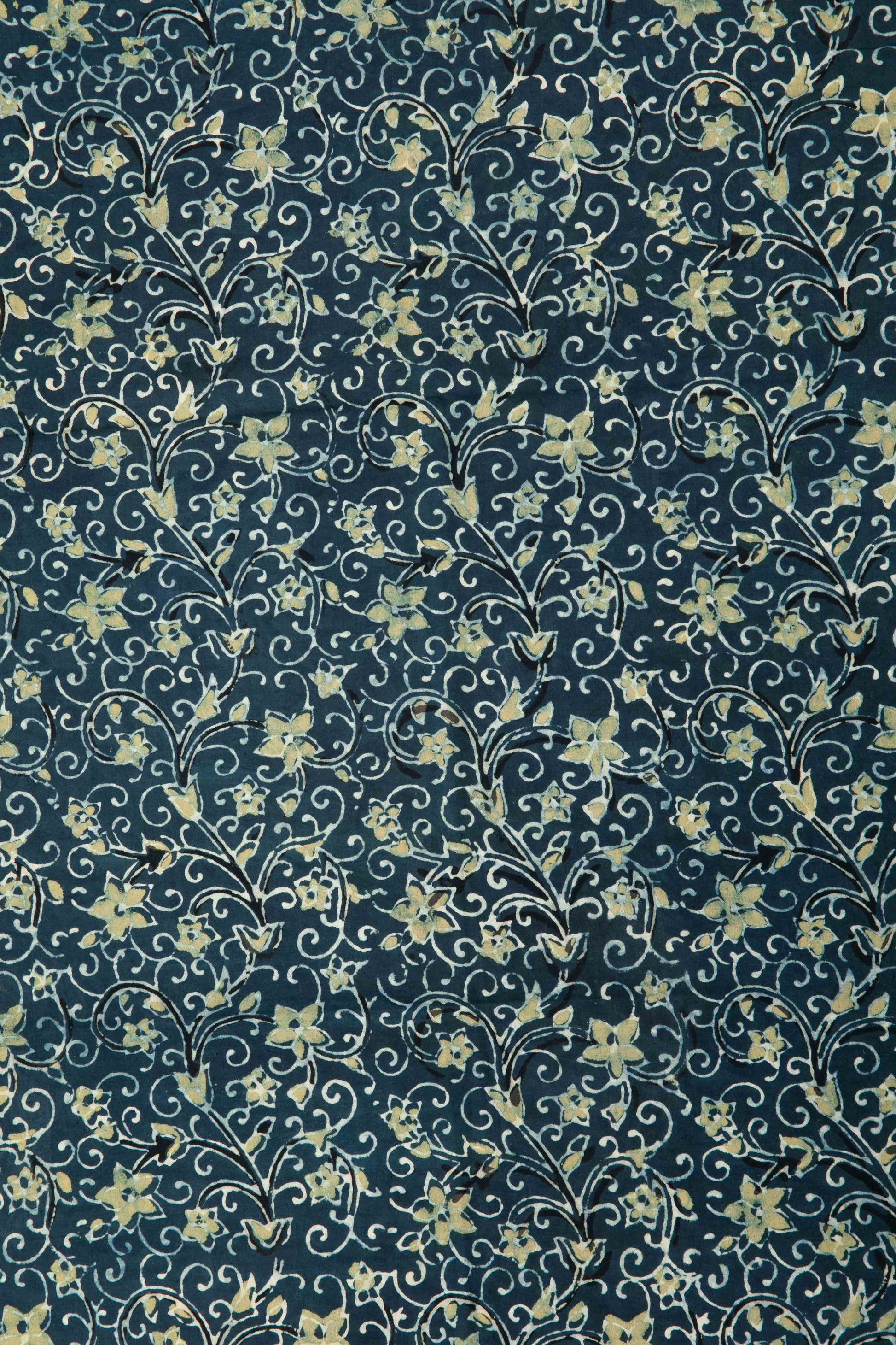 Siyahi - Indigo Ajrakh Fabric With Yellow Floral Design-RUTAMBHARA ENTERPRISES -RUTAMBHARA