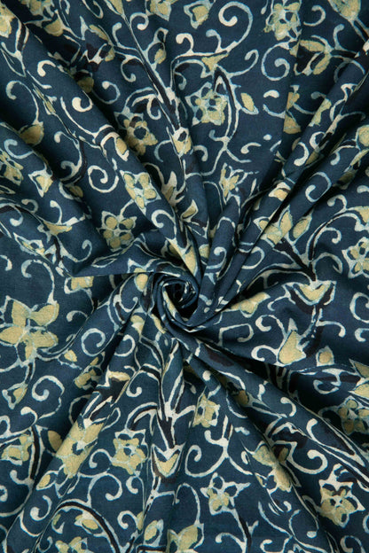 Siyahi - Indigo Ajrakh Fabric With Yellow Floral Design-Rutambhara-RUTAMBHARA