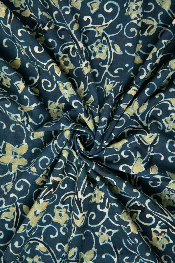 Siyahi - Indigo Ajrakh Fabric With Yellow Floral Design-Rutambhara-RUTAMBHARA