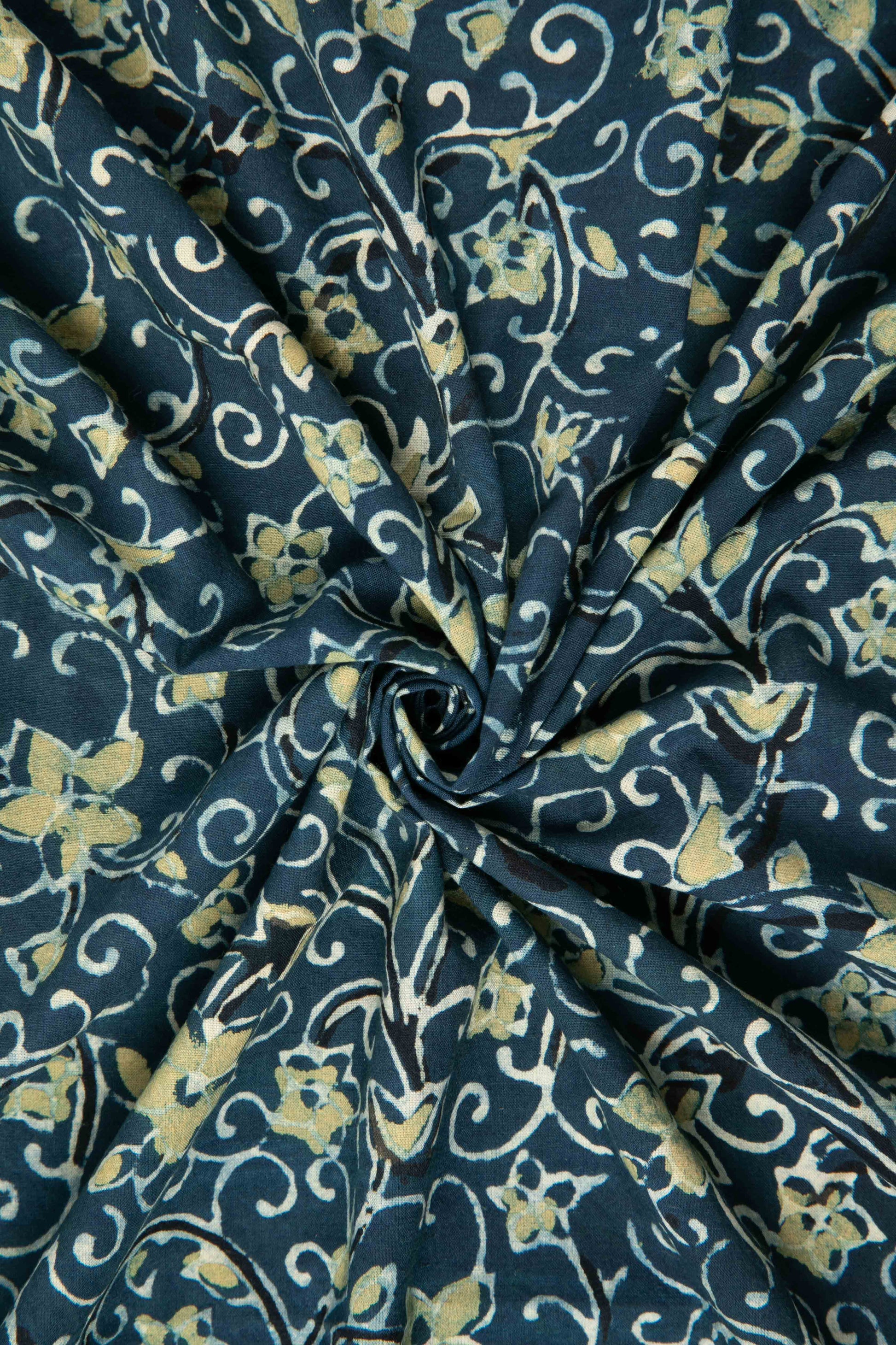 Siyahi - Indigo Ajrakh Fabric With Yellow Floral Design-RUTAMBHARA ENTERPRISES -RUTAMBHARA